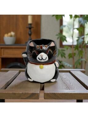 Mino Ware Japanese Lucky Cat Pottery Mug Cup Manekineko Black Matte Finish